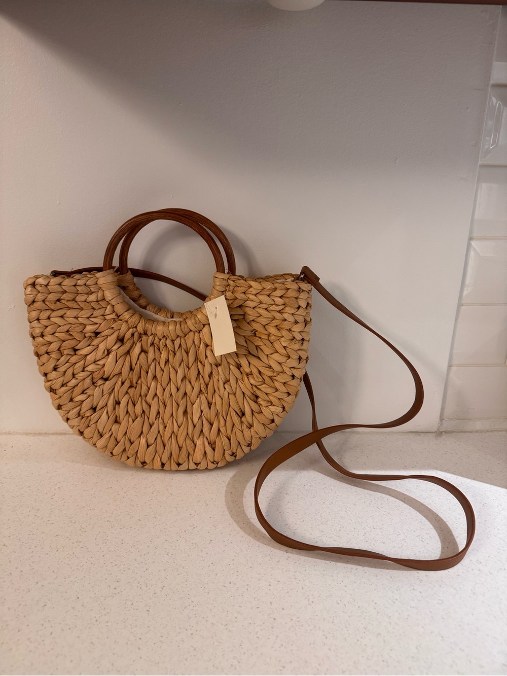 Abercrombie & Fitch Woven Straw Half-Moon Bag with Brown Leather Strap